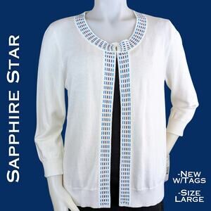 New Sapphire Star Open Cardigan Sweater Large White Blue Embroidered 3/4 Sleeve